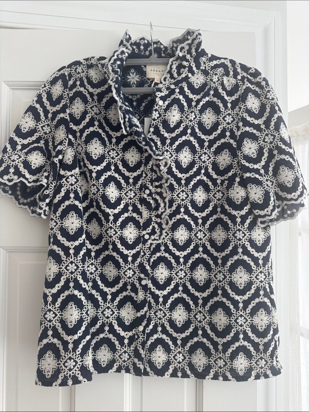 Sezane Black & White Lace-Pattern Button-Front Shirt